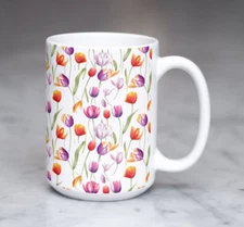 Garden of Tulips Coffee Tea Mug Cup 15 Oz Ceramic, Floral Spring Jug by Mugzan