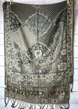 Time And Tru Large Brown Metallic Gold Knit Women's Fringe Shawl Wrap Scarf