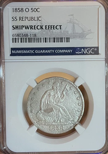 1858-O SS Republic NGC Shipwreck Effect! Seated Liberty Half Dollar