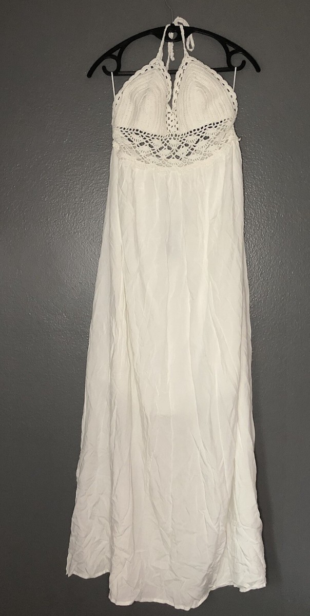 triangle halter dress Crochet Backless Summer Beach Maxi Womens Sz L White (Q8) size-norm:xl