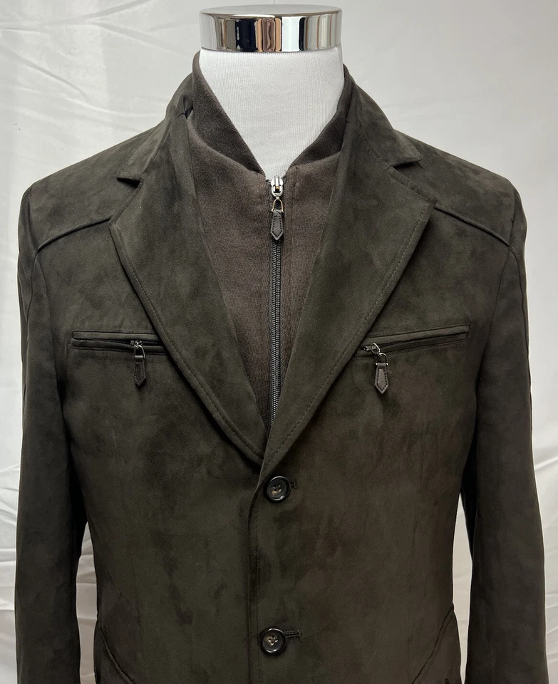 Chaqueta Blazer Para Hombre Tasso Elba Marrón M Imitación Gamuza 3 Botones Cremallera Capas Foto 2 de 4