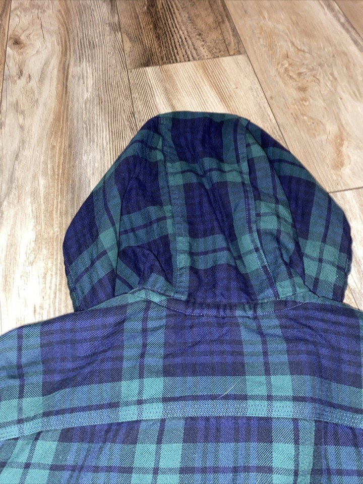 LL Bean Hooded Jacket Mens Size S Green Flannel Quilted Primaloft Lined