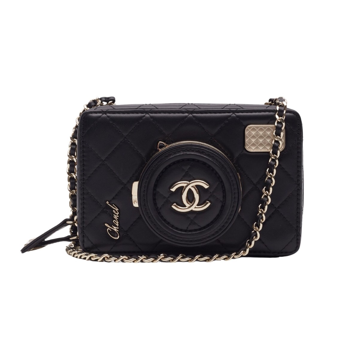 CHANEL BLACK LAMBSKIN LIGHT GOLD CAMERA BAG | eBay