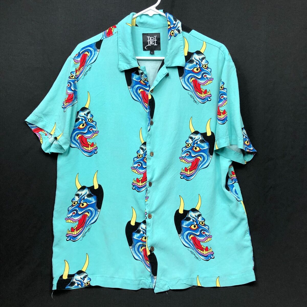 Ed Hardy Size L Oni Mask Hawaiian Club Shirt Turquoise Ed Hardy Size L Oni Mask Hawaiian Club Shirt Turquoise