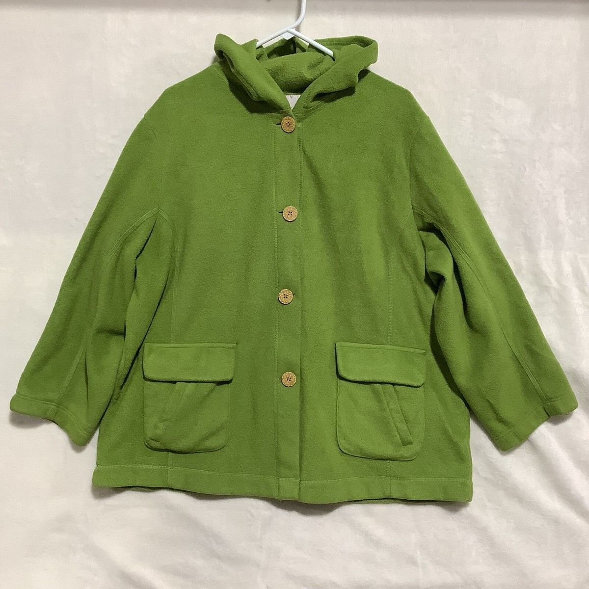 Susan Graver STYLE Fleece Jacket Hooded Green Button Up Pockets