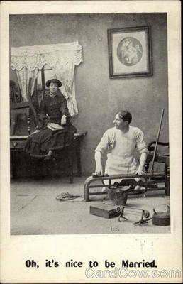 Romantic/Comic Husband working; wife watching Antique Vintage Postcard Post Card