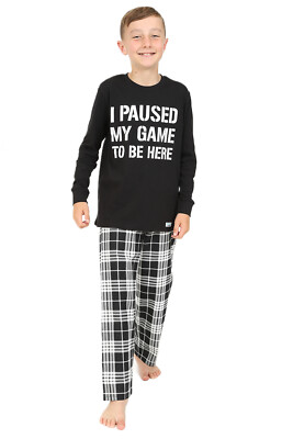 Jungen I Paused My Game To Be Here gewebte Baumwolle LANGER Gaming Schlafanzug schwarz-weiß