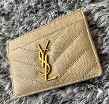 AUTH Saint Laurent YSL Monogram Card Holder Beige Leather Gold Logo Italy