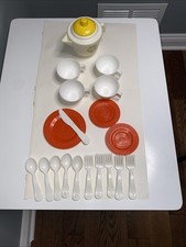 Vintage 1980s Fisher-Price fun with food teapot saucers plates Cups Utensils