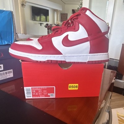 sneakers nike dunk high mens red white colorblock high top lace up leather