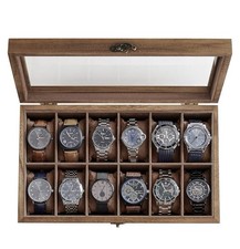 Scatola Porta Orologi a 12 Scomparti in Legno Noce Rustico, Coperchio in Vetro