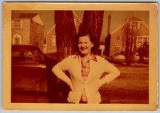 Vtg Color Snapshot Smiling Woman In Cardigan Plaid Shirt By Vintage Car 1960s