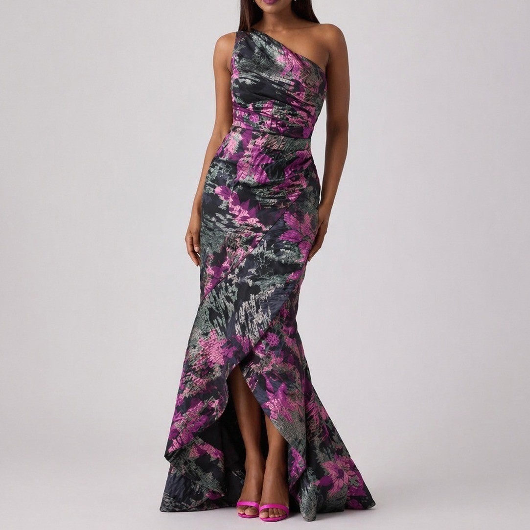 Teri Jon Rickie Freeman Asymmetric Metallic Jacquard Gown Ruffle Hem 8  Formal | eBay