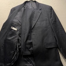 Bachrach Mens 2 Piece Suit 42R 35x29 Wool Windowpane Navy Pleated Cuffed