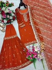 New Pure Faux Georgette Orange Top Palazzo With Dupatta For Indian Function