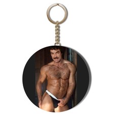 TOM SELLECK SEXY BRIEF POSE - BLACK BACKGROUND - 58mm KEYRING BOTTLE OPENER