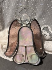 VINTAGE 8x8” Free Standing Angel Stained Glass Sun Catcher Pink Iridescent Art