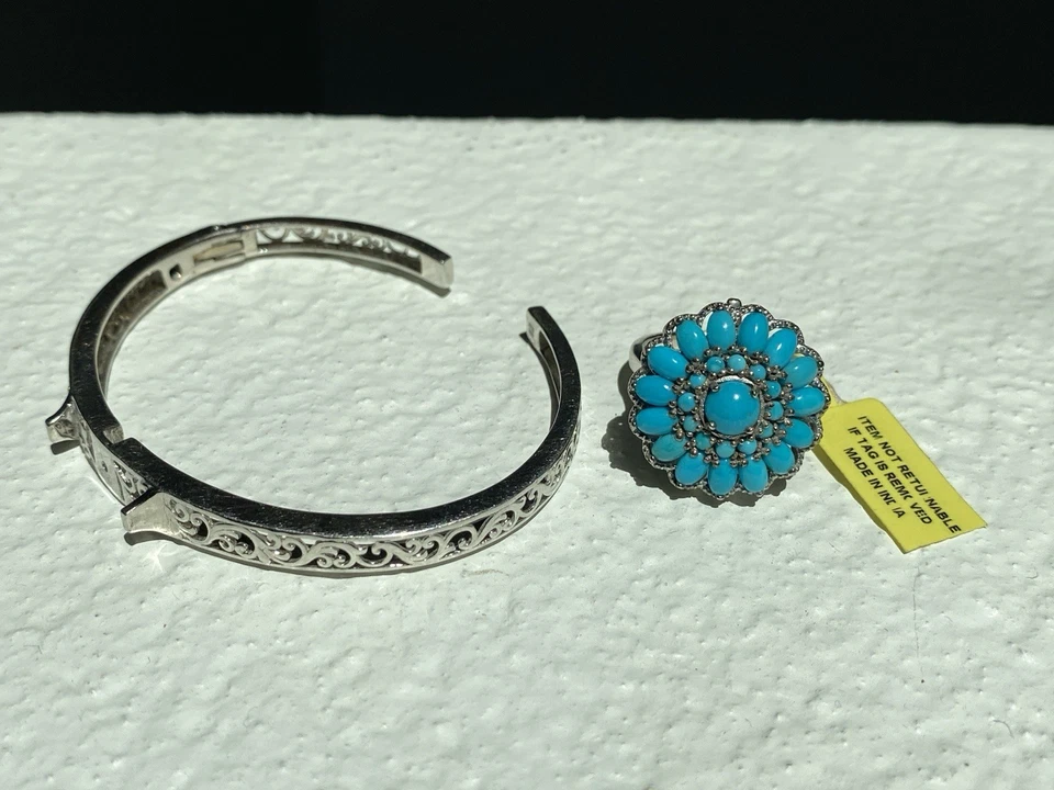 Anillo turquesa platino sobre plata de ley (8) y brazalete con colgante extraíble Foto 3 de 4