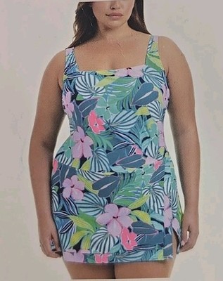 Beyond Control Women's Square Neck Swim Dress, Multi, Size L