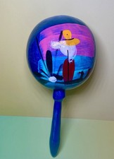 Vintage Blue Maracas De Mexico Cozumel Handmade Hand Painted Souvenir