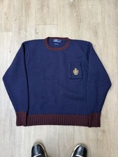 Vintage POLO Ralph Lauren Mens L Navy w Burgundy Wool Sweater w Pocket and Crest