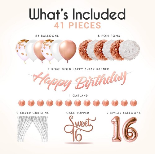 EPIQUEONE 41 Piece Rose Gold Sweet 16 Birthday Decorations Pom Pom Balloons - Picture 2 of 6