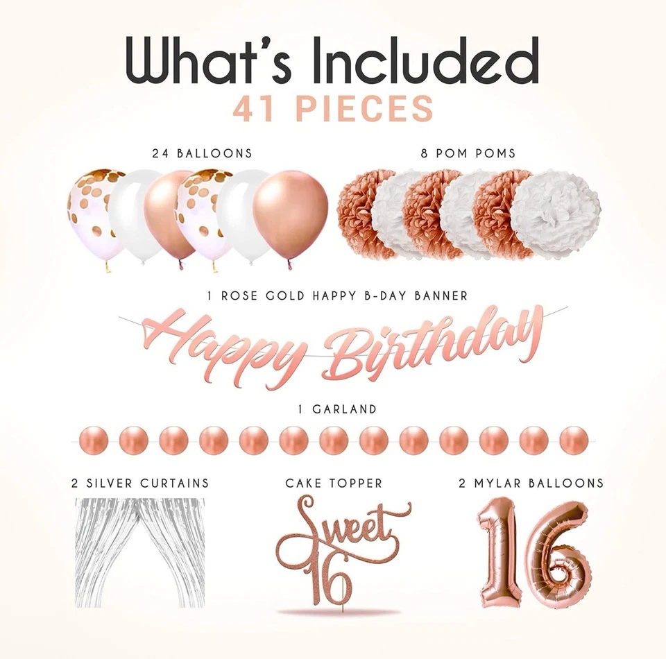 EPIQUEONE 41 Piece Rose Gold Sweet 16 Birthday Decorations Pom Pom Balloons - Image 2 of 4