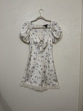 FOREVER 21 Cream Blue And purple Floral Satin Mini Dress With Puff Sleeves
