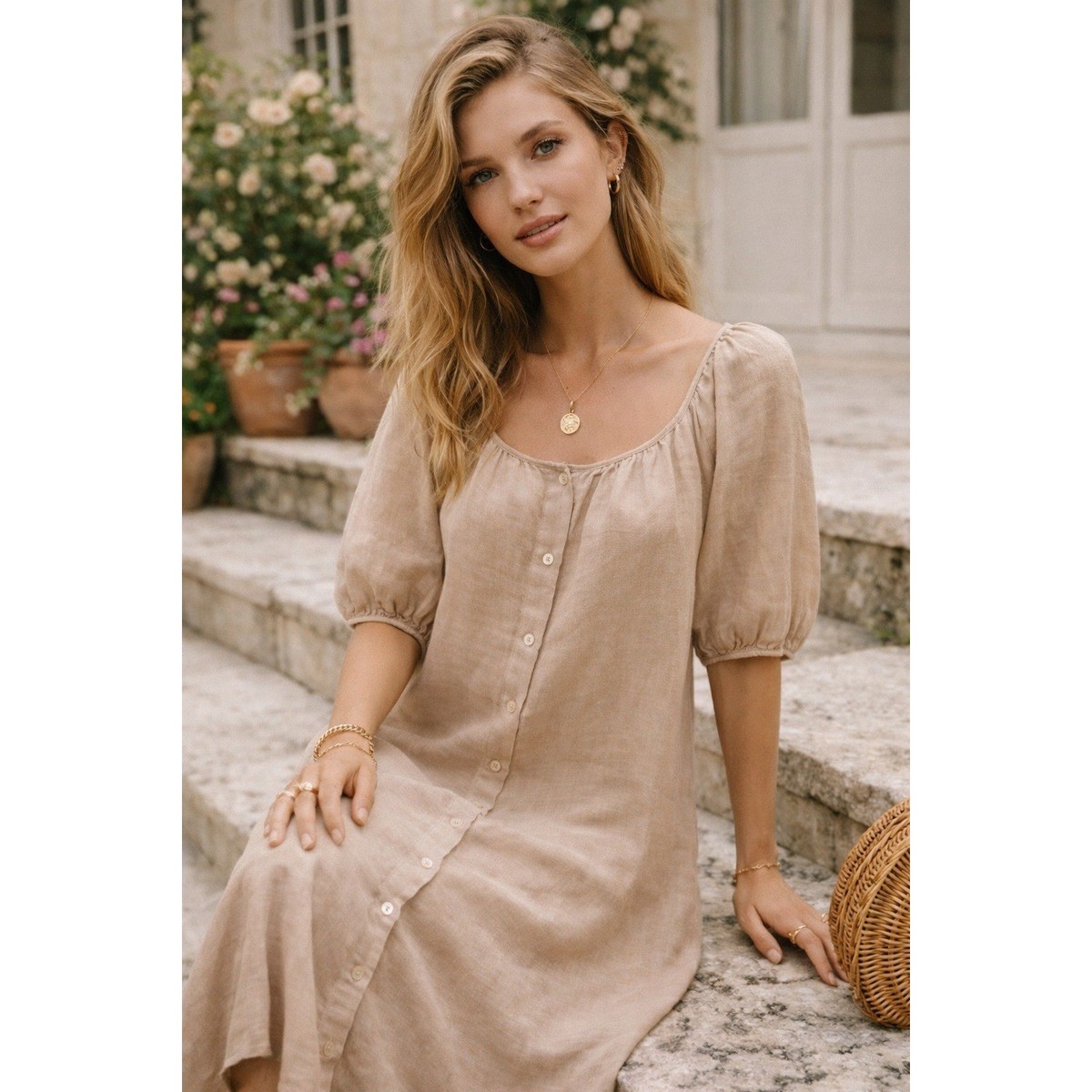 Aritzia Wilfred Linen Shirt Dress Button-Up Puff Sleeve Tan Sz XS | eBay