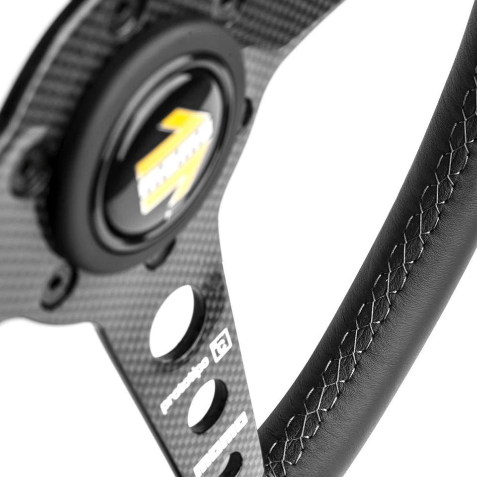 Volante Momo para Prototipo 6C 350 mm - Cuero Negro/Gris St/Cbn Radios Fbr Foto 4 de 4