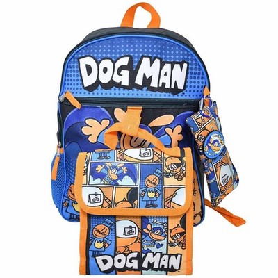 Large Backpack - Dogman Dog-Man 5pc Cartoon Set w/Lunch Bag 16'' School NEW Blue