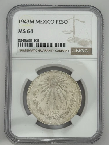 1943M Mexico Silver Un Peso NGC MS64  