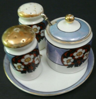 Vintage Noritake China Individual Condiment Set Salt Pepper & Mustard Pot