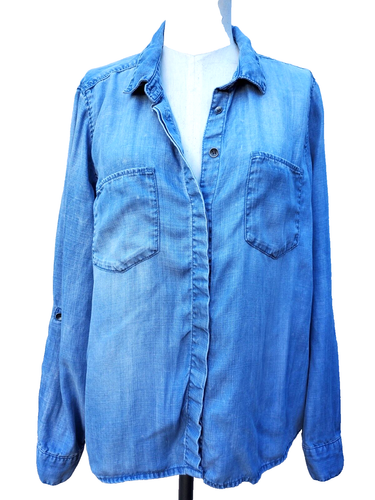 H & M size 10 blue LYOCELL buttoned BLOUSE long-sleeved, shirt, top &DENIM