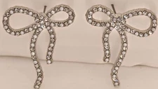 Bow Rhinestone faux pearl Silvertone Earrings 1.5"x 1"