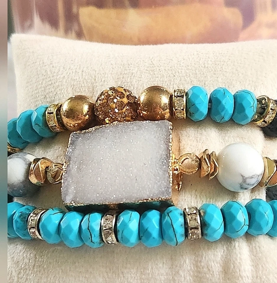 NWT Ryze Natural Lava Stone, Druzy, Larvikite, & Turquoise Bead Staxx Bracelets - Image 3 of 4