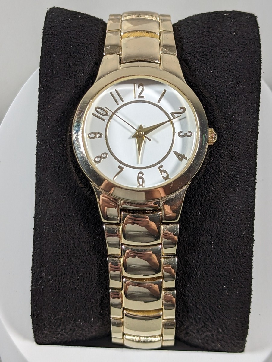 White Dial Round Gold Tone Case Link Bracelet Band Watch | eBay