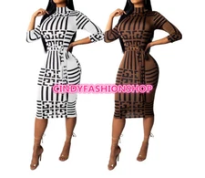 USA Women Stand Neck Striped Print With Sashes Party Bodycon OL Midi Dress #CM7