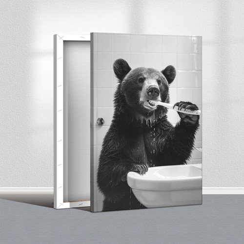 Bear Brushing Teeth Canvas Wall Art Bathroom Decor