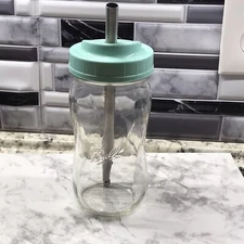 Vintage Ball Spiral Mason Jar with Teal Sip lid Set Of 1 Jar EUC 16oz