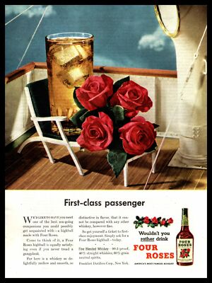 1949 Four Roses Whiskey ''First Class Passenger'' Cruise Ship Deck Chair Print Ad