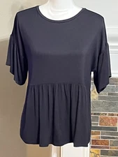 Loft Petites MP Black top Shirt Peplum Ruffle Short Sleeve Casual
