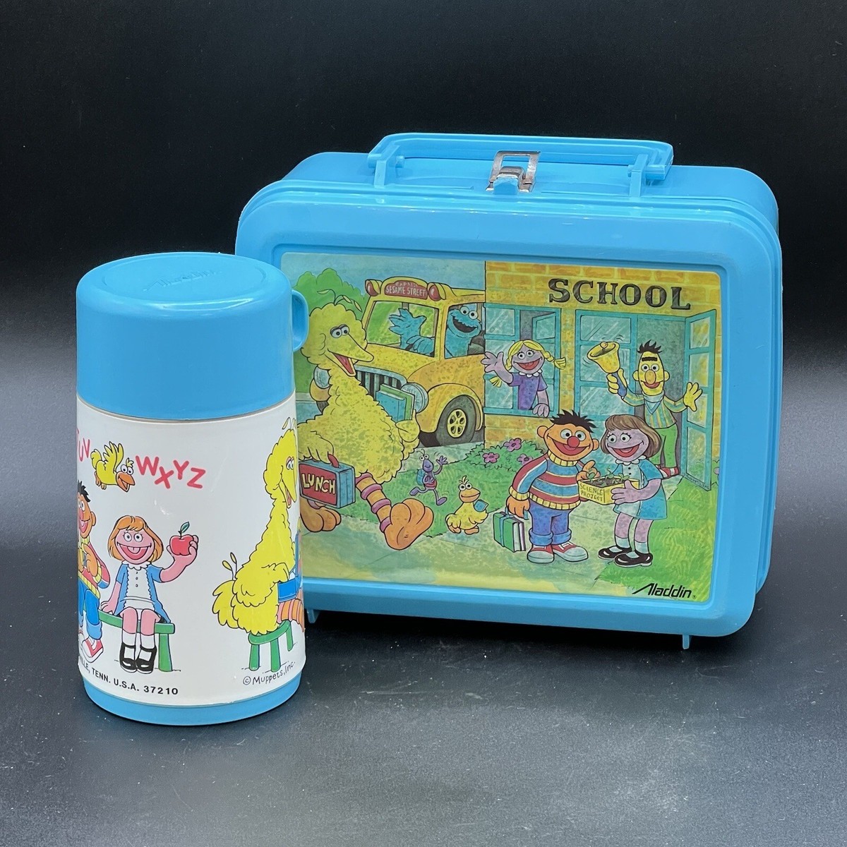 Vintage 1980's Blue Sesame Street Lunch Box and Thermos by