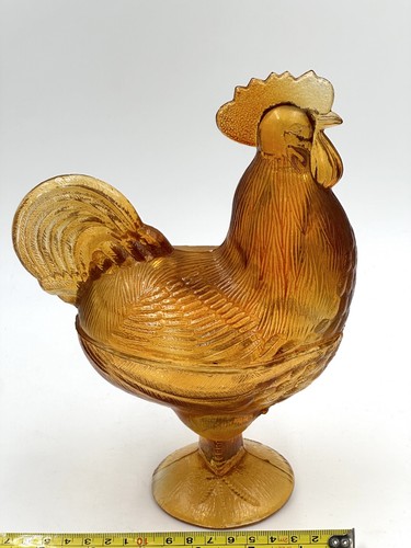 Rooster Yellow Amber Glass Vintage Covered Candy Dish Farmhouse Chicken