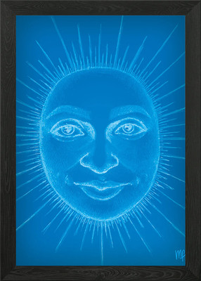 Blaue Sonne Gesicht Zeichnung gerahmtes Wandbild Poster Leinwanddruck Bild