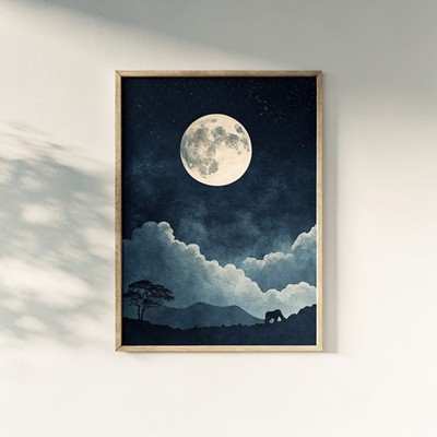 Vollmond am bewölkten Mitternachtshimmel mystisch himmlisch minimalistisch stimmungsvoll Whimsigot