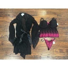 Frederick's of Hollywood lingerie bustier robe set black pink sequins Small NWT