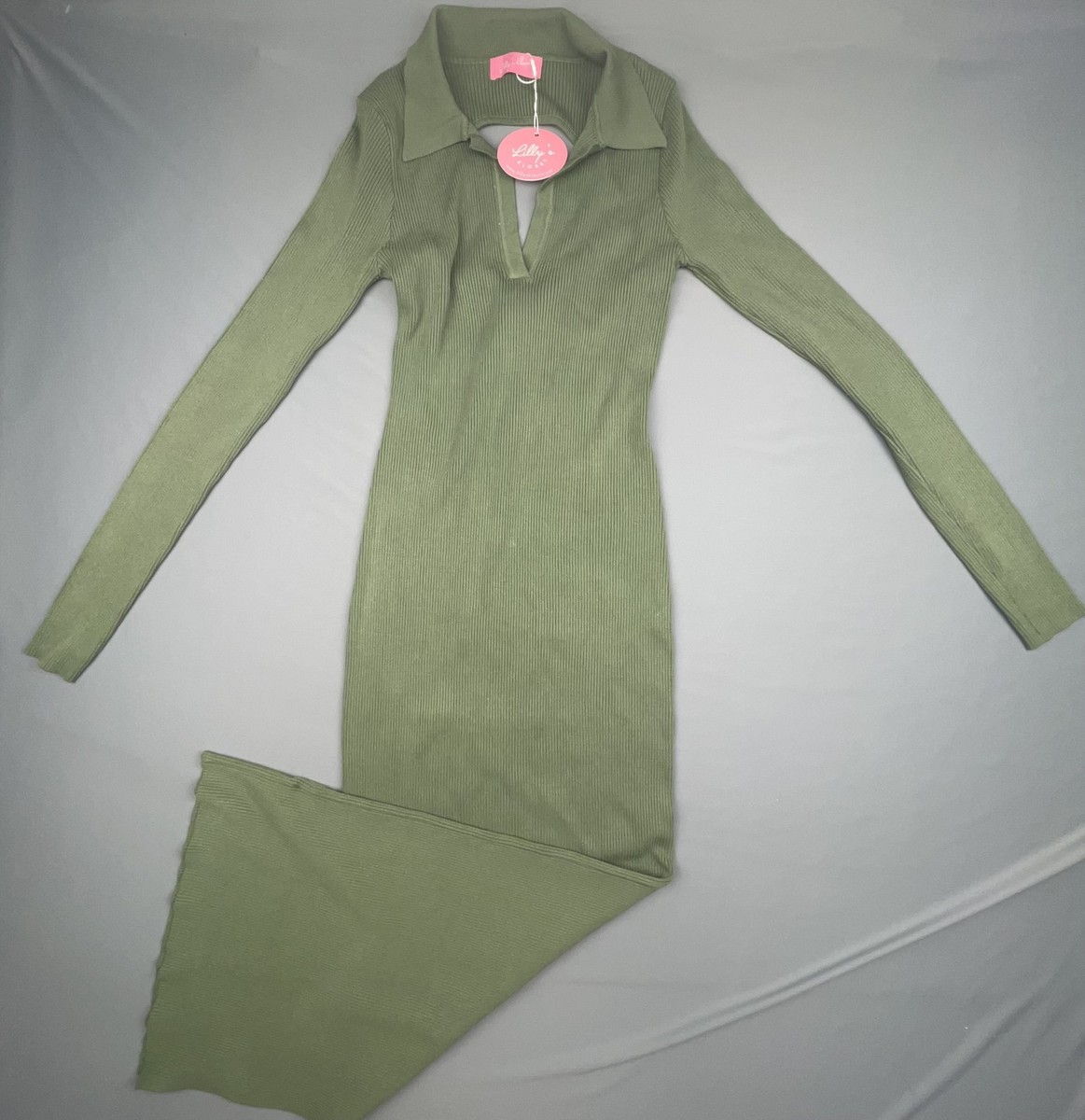 light green ribbed dress Lilly's Kloset Womens Medium Knit Long Sleeve Maxi Tie Back silhouette-A-line