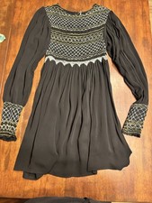 FREE PEOPLE Black Late Night Picnic Embroidered Smocked Accordion  Dress Size XS