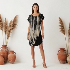Boho Lagenlook Artsy Mini Dress Multi Tie Dye Cotton Shift Short Sleeve XL